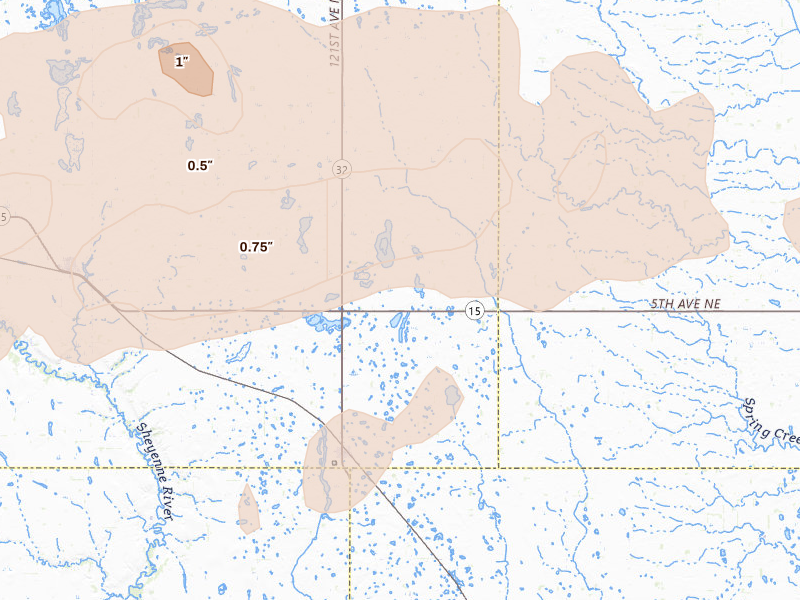 Radar-estimated hail-size map of the storm over Aneta, ND on Aug 2, 2026