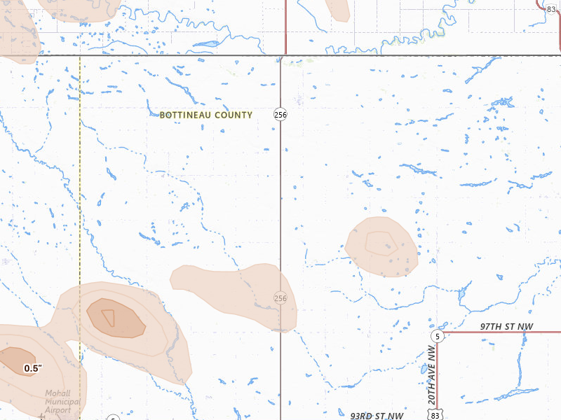 Radar-estimated hail-size map of the storm over Antler, ND on Jul 5, 2026