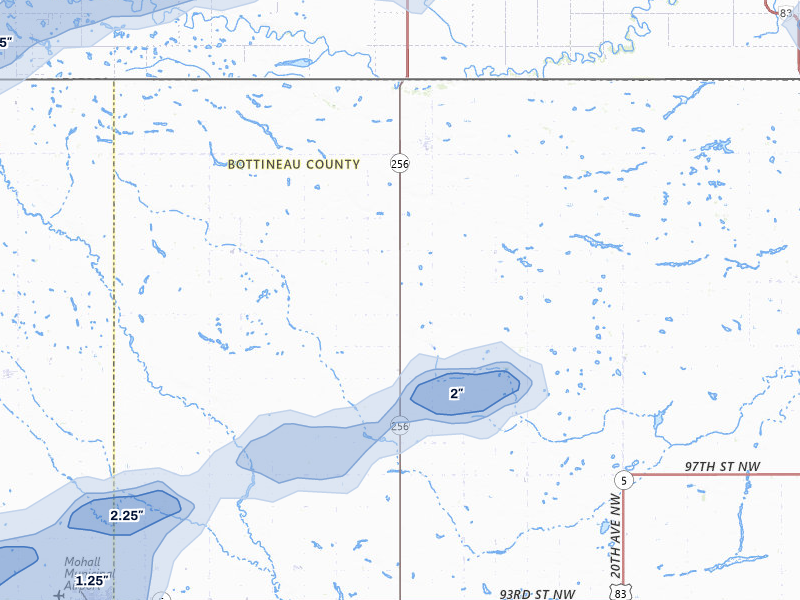 NEXRAD radar-signature map of the hail storm over Antler, ND on Jul 5, 2026