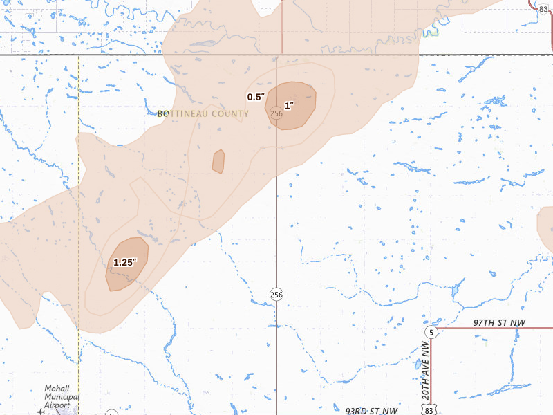 Radar-estimated hail-size map of the storm over Antler, ND