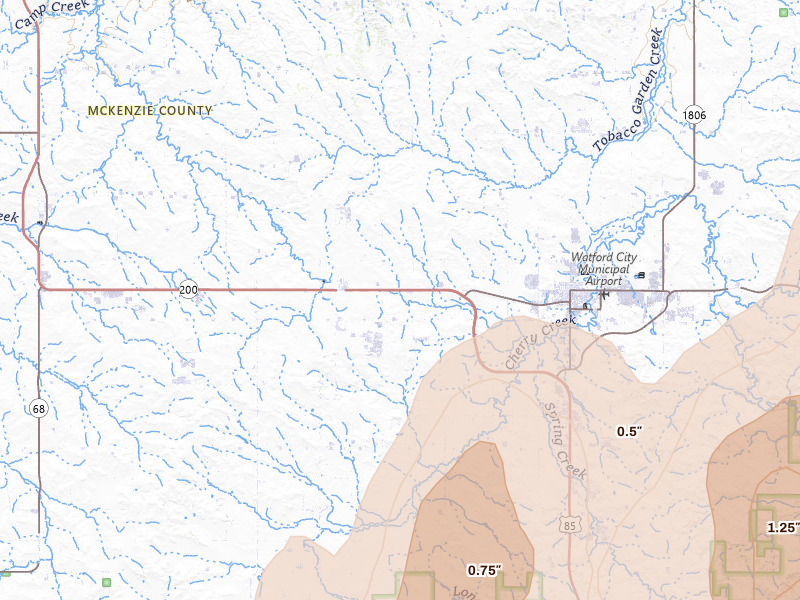 Radar-estimated hail-size map of the storm over Arnegard, ND on Jun 6, 2026