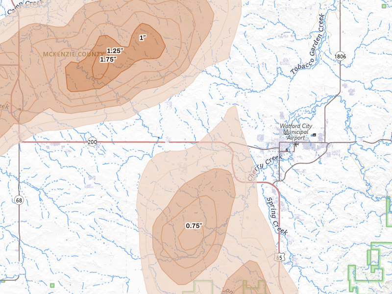 Radar-estimated hail-size map of the storm over Arnegard, ND on Jun 7, 2026