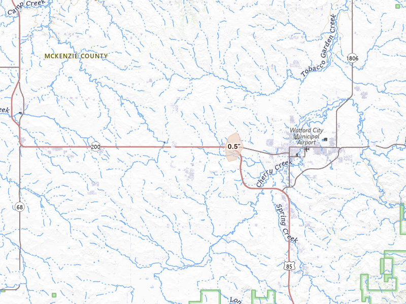 Radar-estimated hail-size map of the storm over Arnegard, ND on Jun 27, 2026