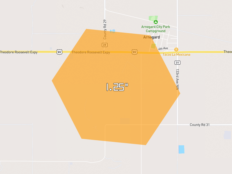 Hail map of Arnegard, ND on Jun 28, 2026, hail up to 1.25"