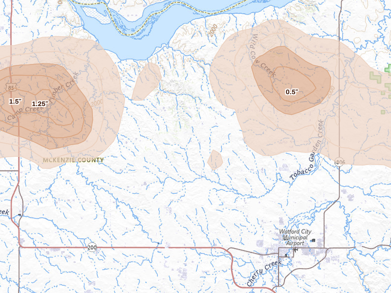 Radar-estimated hail-size map of the storm over Arnegard, ND on Aug 29, 2026