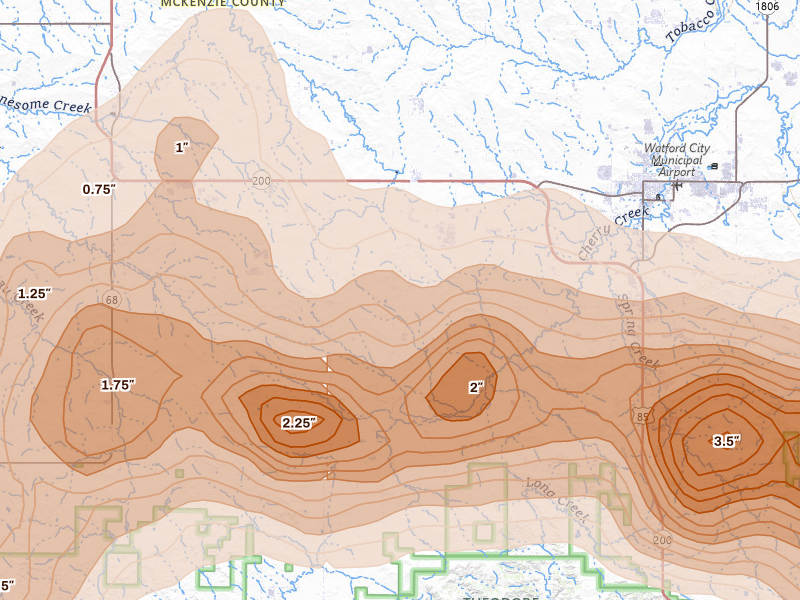 Radar-estimated hail-size map of the storm over Arnegard, ND
