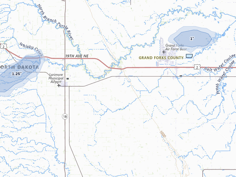 NEXRAD radar-signature map of the hail storm over Arvilla, ND on Jun 3, 2026