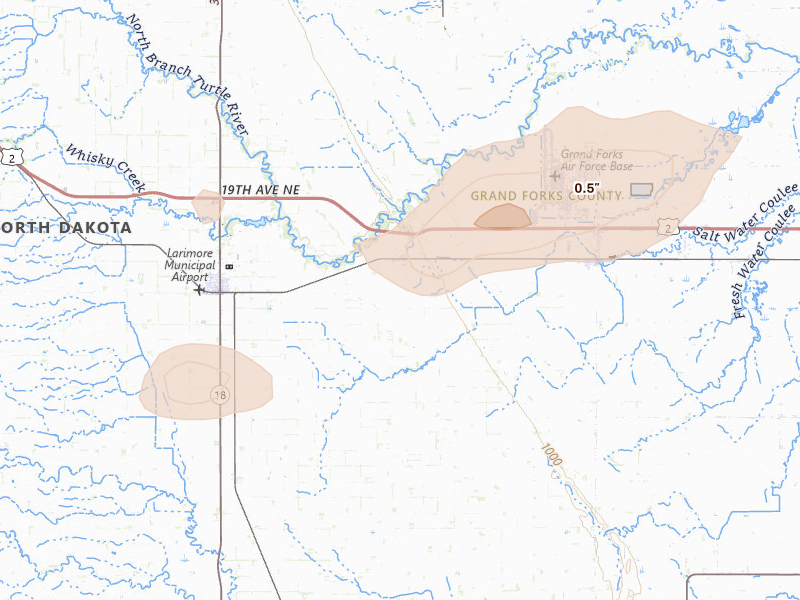 Radar-estimated hail-size map of the storm over Arvilla, ND on Jul 30, 2026