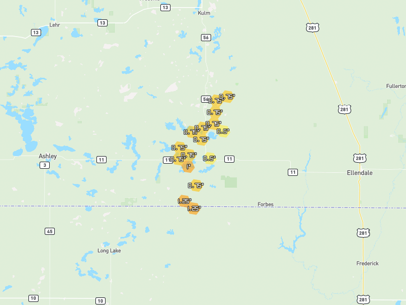 Hail map of Ashley, ND on Jun 28, 2026, hail up to 1.25"