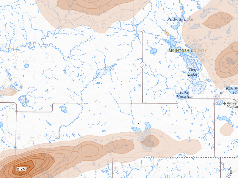 Radar-estimated hail-size map of the storm over Ashley, ND on Jul 19, 2026