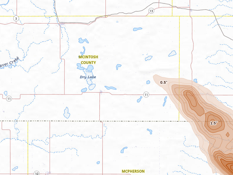 Radar-estimated hail-size map of the storm over Ashley, ND on Jul 24, 2026