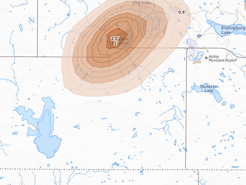 Radar-estimated hail-size map of the storm over Ashley, ND on Aug 12, 2026