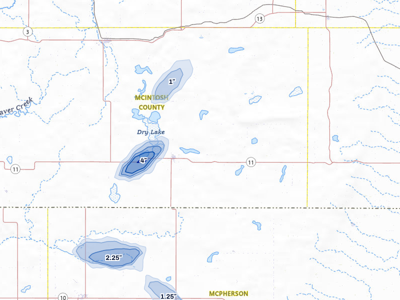 NEXRAD radar-signature map of the hail storm over Ashley, ND on Aug 12, 2026