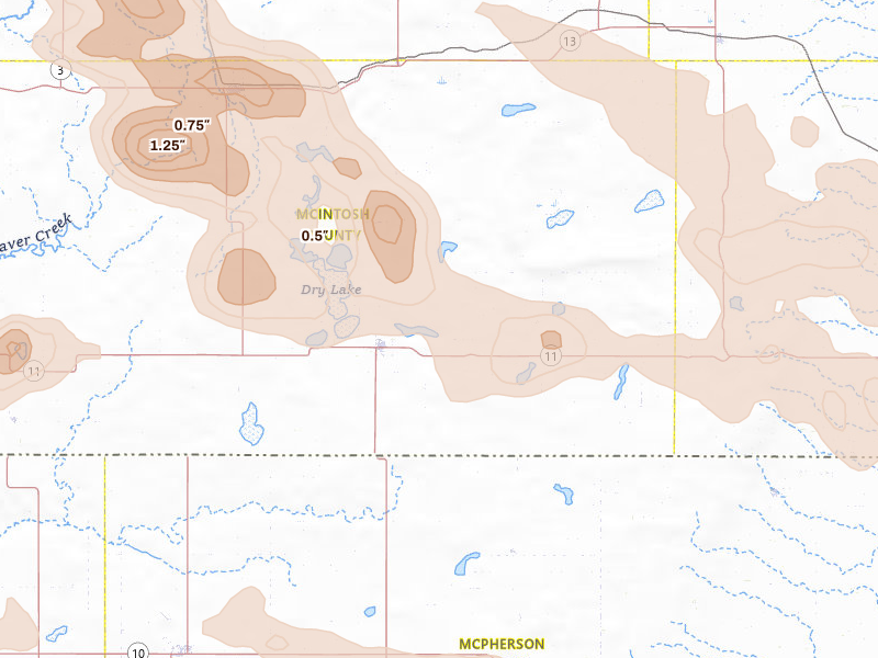 Radar-estimated hail-size map of the storm over Ashley, ND on Aug 24, 2026