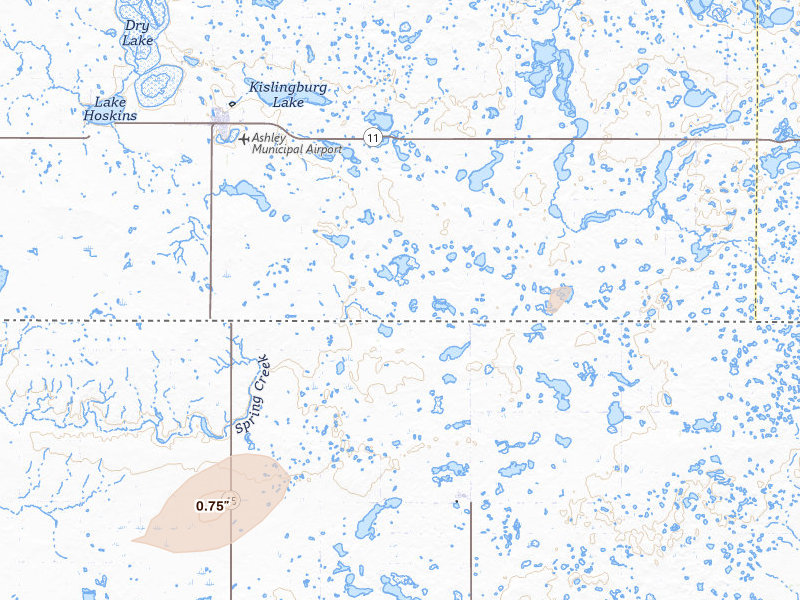 Radar-estimated hail-size map of the storm over Ashley, ND on Sep 4, 2026