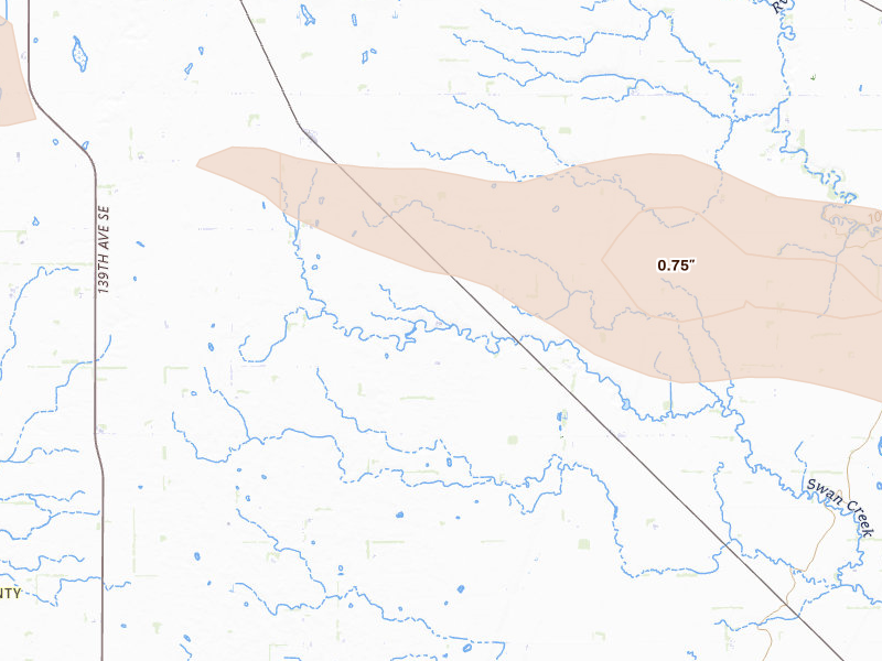 Radar-estimated hail-size map of the storm over Ayr, ND on Aug 11, 2026