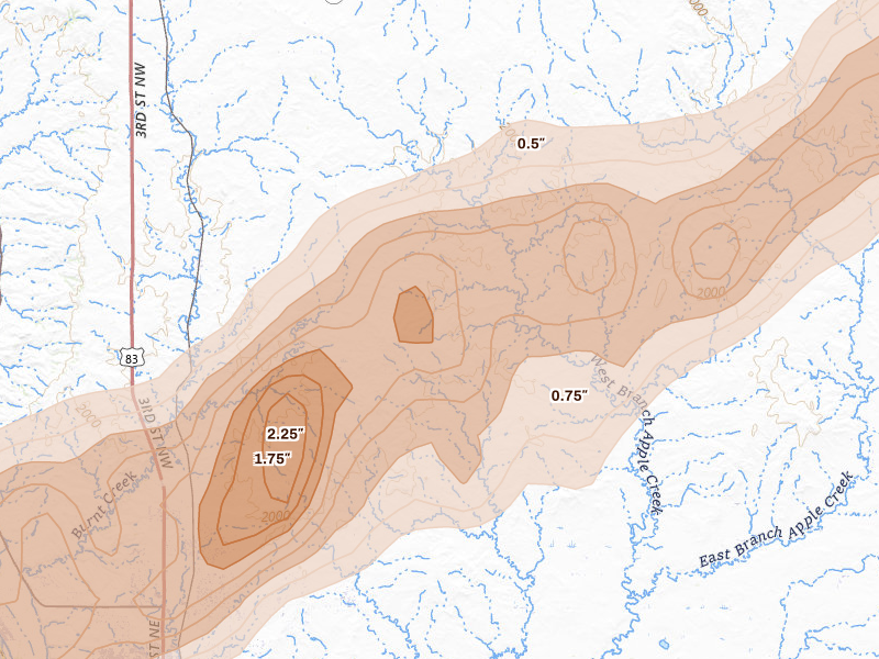 Radar-estimated hail-size map of the storm over Baldwin, ND on Jun 29, 2026