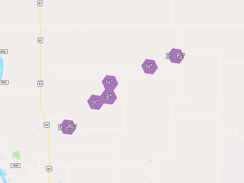 Hail map of Baldwin, ND on Jun 29, 2026, hail up to 4"