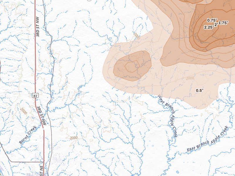 Radar-estimated hail-size map of the storm over Baldwin, ND on Jul 9, 2026