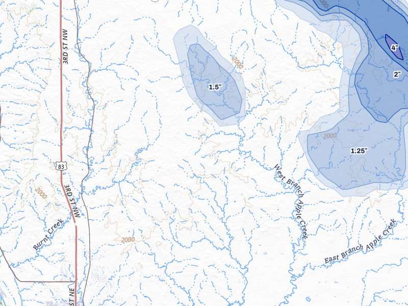 NEXRAD radar-signature map of the hail storm over Baldwin, ND on Jul 9, 2026
