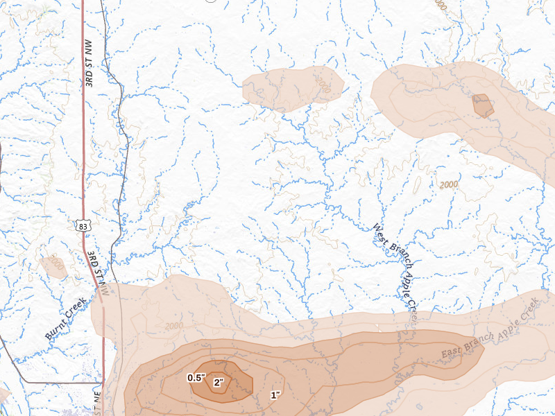 Radar-estimated hail-size map of the storm over Baldwin, ND on Jul 19, 2026