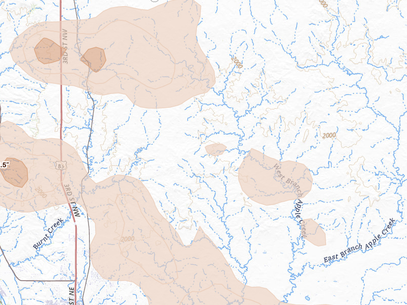 Radar-estimated hail-size map of the storm over Baldwin, ND on Jul 24, 2026