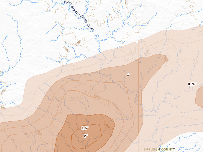 Radar-estimated hail-size map of the storm over Baldwin, ND on Aug 11, 2026