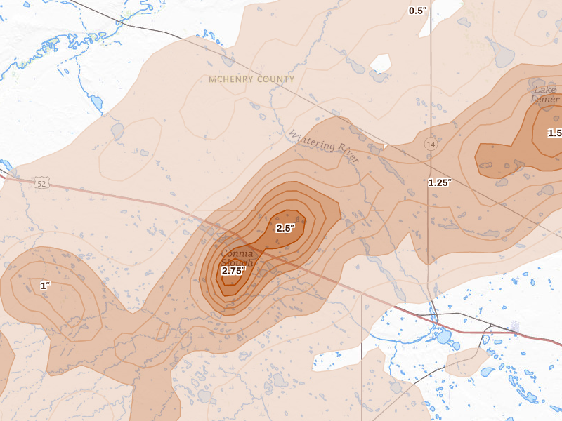 Radar-estimated hail-size map of the storm over Balfour, ND on Jun 28, 2026