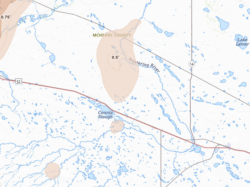 Radar-estimated hail-size map of the storm over Balfour, ND on Jun 29, 2026