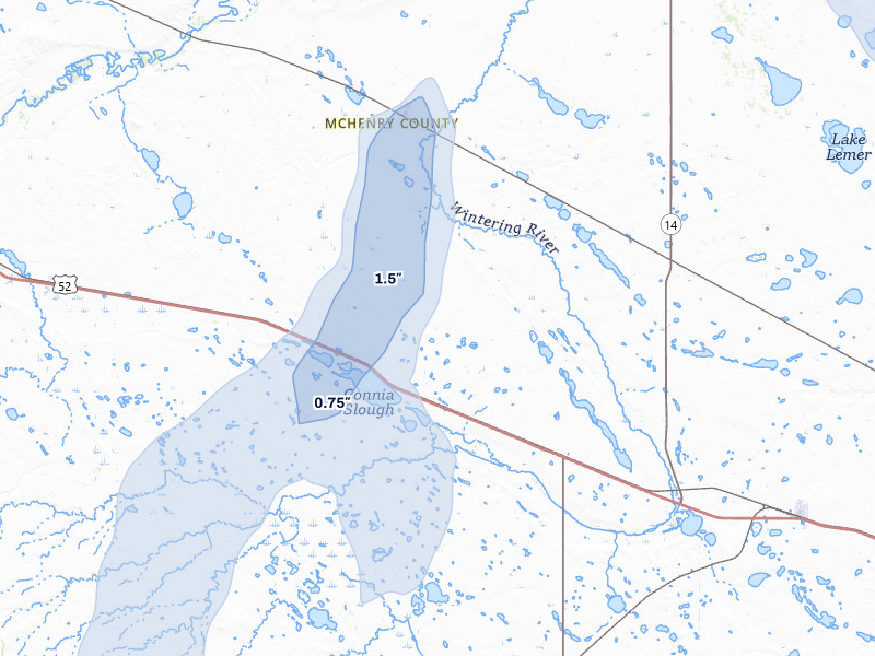 NEXRAD radar-signature map of the hail over Balfour, ND