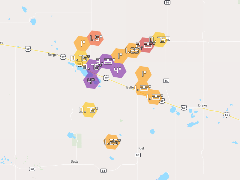 Hail map of Balfour, ND on Jun 29, 2026, hail up to 4"