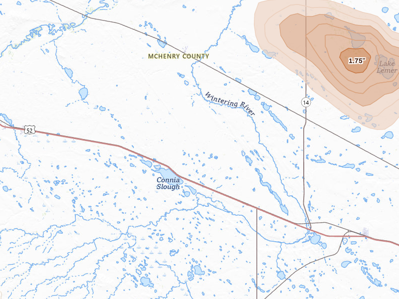 Radar-estimated hail-size map of the storm over Balfour, ND on Jul 9, 2026