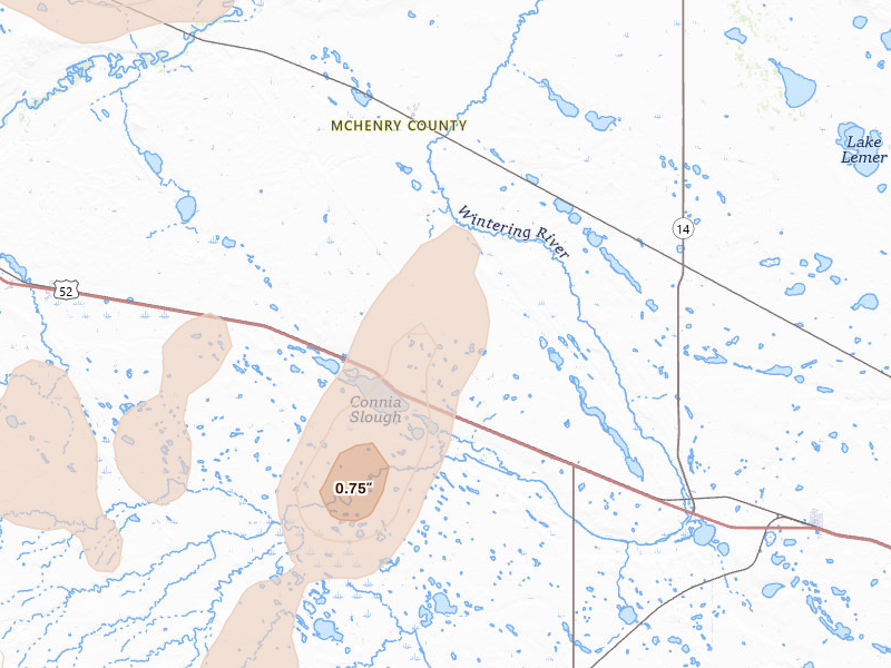 Radar-estimated hail-size map of the storm over Balfour, ND on Sep 3, 2026