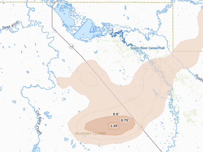 Radar-estimated hail-size map of the storm over Bantry, ND on Sep 6, 2026