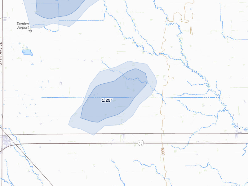 NEXRAD radar-signature map of the hail storm over Barney, ND on Jul 30, 2026