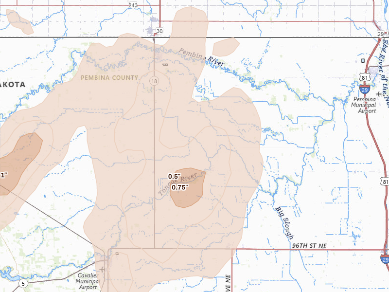 Radar-estimated hail-size map of the storm over Bathgate, ND on Jun 2, 2026