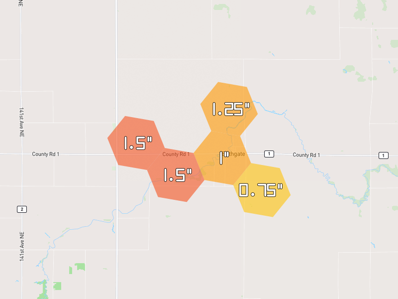 Hail map of Bathgate, ND on Jun 3, 2026, hail up to 1.5"
