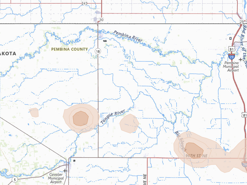 Radar-estimated hail-size map of the storm over Bathgate, ND on Jul 24, 2026