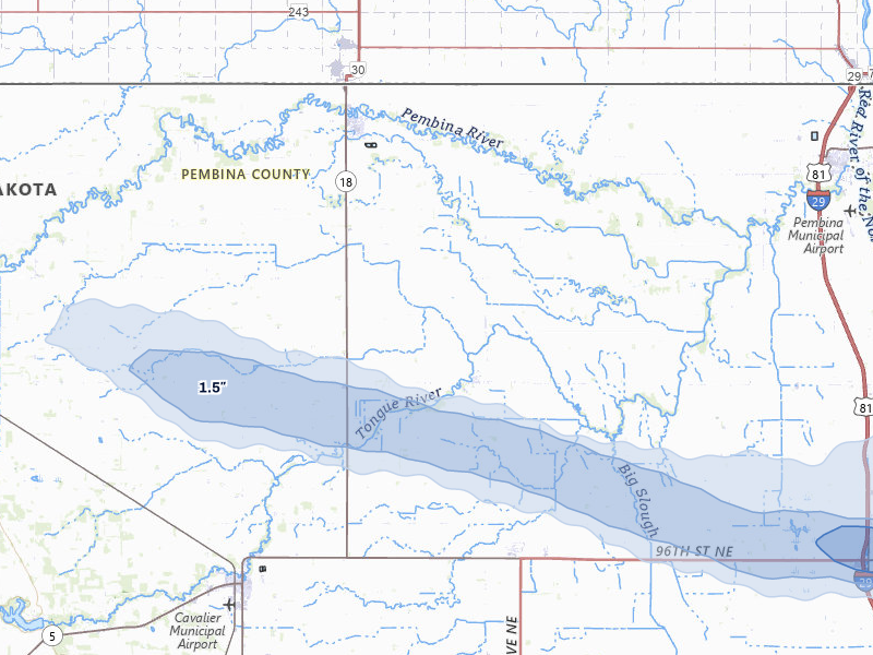 NEXRAD radar-signature map of the hail storm over Bathgate, ND on Jul 24, 2026