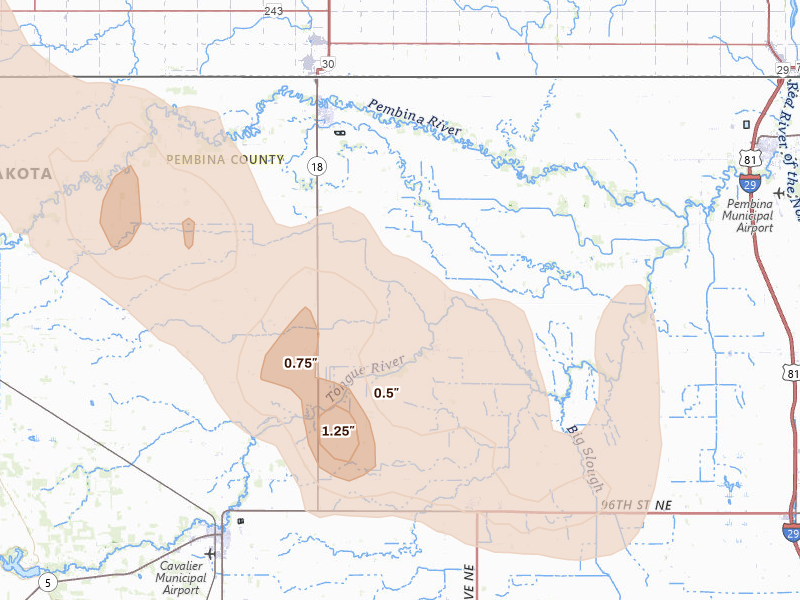 Radar-estimated hail-size map of the storm over Bathgate, ND on Jul 26, 2026