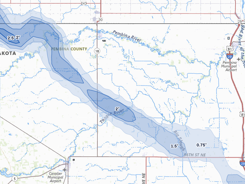NEXRAD radar-signature map of the hail storm over Bathgate, ND on Jul 26, 2026