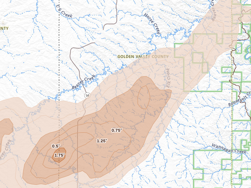 Radar-estimated hail-size map of the storm over Beach, ND on Jun 7, 2026