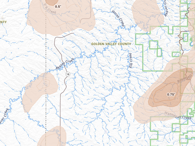 Radar-estimated hail-size map of the storm over Beach, ND on Jul 2, 2026