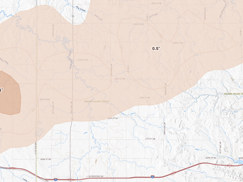 Radar-estimated hail-size map of the storm over Beach, ND on Sep 27, 2026
