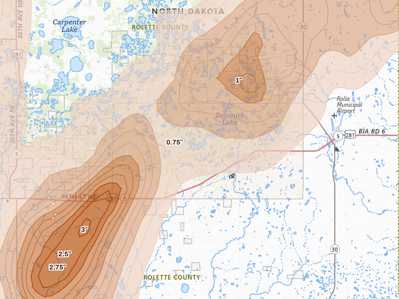 Radar-estimated hail-size map of the storm over Belcourt, ND on Jun 2, 2026
