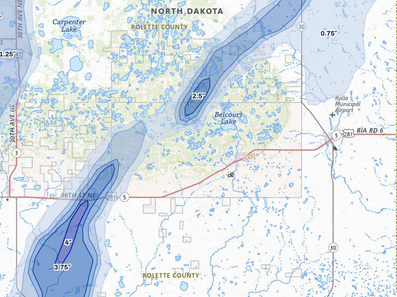 NEXRAD radar-signature map of the hail over Belcourt, ND