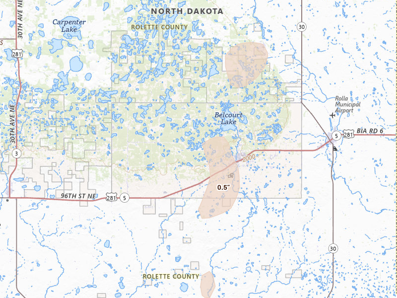 Radar-estimated hail-size map of the storm over Belcourt, ND on Jun 9, 2026