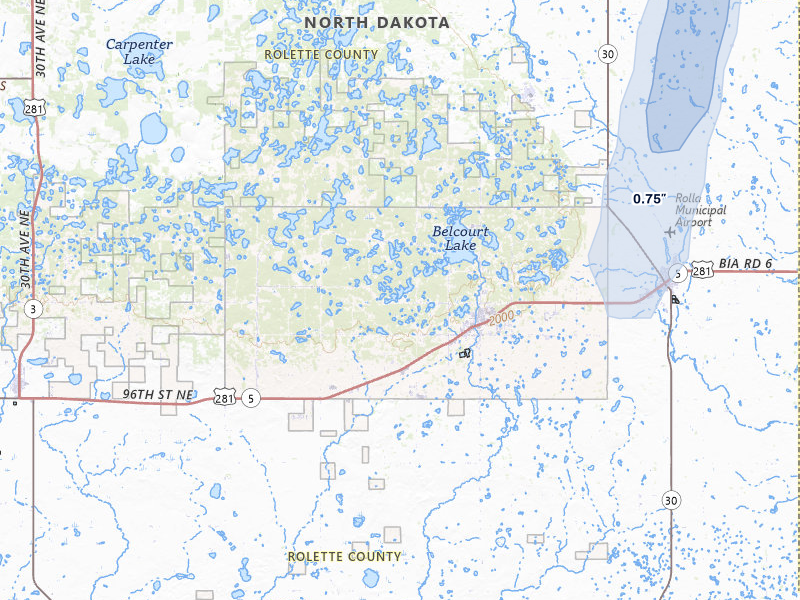 NEXRAD radar-signature map of the hail storm over Belcourt, ND on Jun 9, 2026