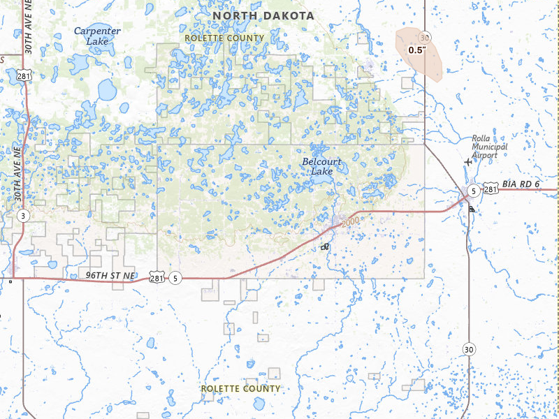 Radar-estimated hail-size map of the storm over Belcourt, ND on Jun 27, 2026