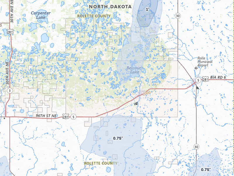 NEXRAD radar-signature map of the hail storm over Belcourt, ND on Jun 27, 2026